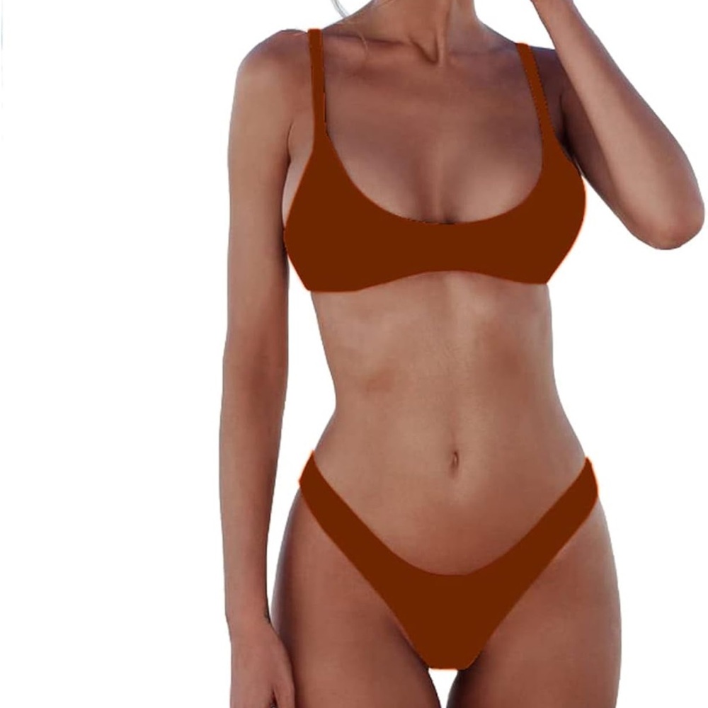 NWT SherryDC Women's Solid Scoop Neck Push Up Padded Brazilian Thong Bikini XL